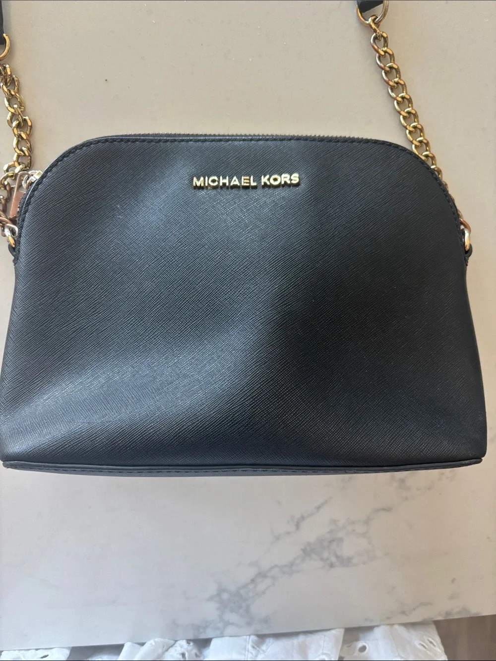 Michael Kors Black Leather Crossbody with Gold Chain Trim